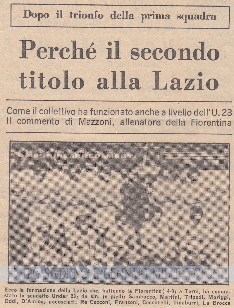 1974.06.29 Ritaglio di giornale con la formazione della Lazio campione dItalia Under 23-w